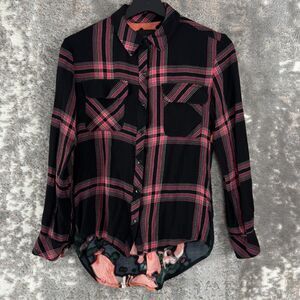 Guess Womens Size XS Plaid Floral Button Shirt Pink Black Long Sleeve Button